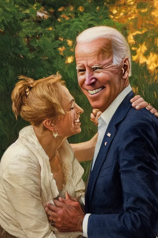 Image similar to smiling Joe Biden whispering in a frightened woman’s ear, golden hour, in a garden, artstation, by J. C. Leyendecker and Peter Paul Rubens,