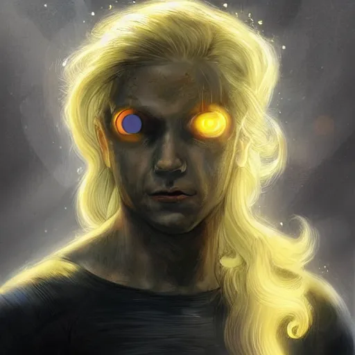 Image similar to A genetically engineered super soldier male with long blond curly hair and pale skin, glowing eyes, from the movie Firestarter, highly detailed, portait, character art by Fiona Staples.