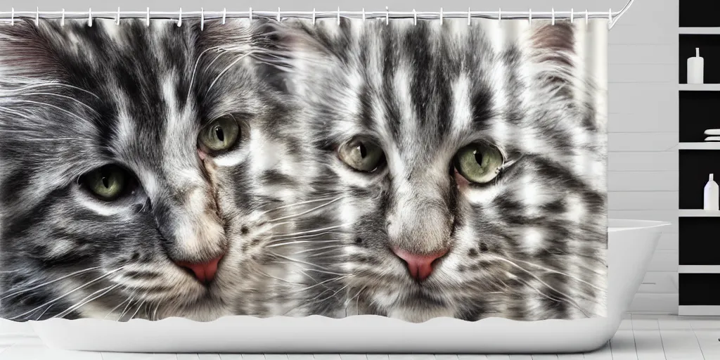 Image similar to a animated maine coon kitten artwork themed shower curtain, shower curtain. digital art. product photography. product lighting. 4 k, highly detailed. saturated.