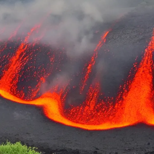 Prompt: a tsunami of lava flying down a volcano's slopes