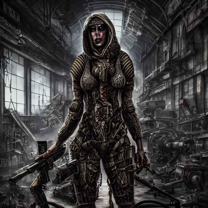 Image similar to apocalyptic woman in hood standing in hall of machinery and weaponry, hyper - detailed, smooth, sharp focus, 4 k ultra hd, fantasy dark art