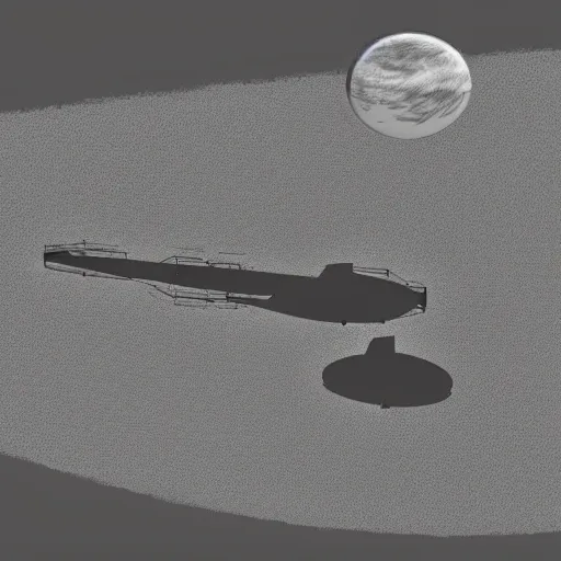 Image similar to blakes 7 liberator space craft flying low over a lake with relfections pencil sketch evening sunlight, ambient occlusion cinematic volumetric clouds