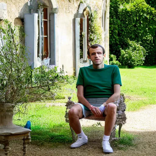 Image similar to mid white hair old emmanuel macron with green shirt and white short, sitting in ile de re house garden