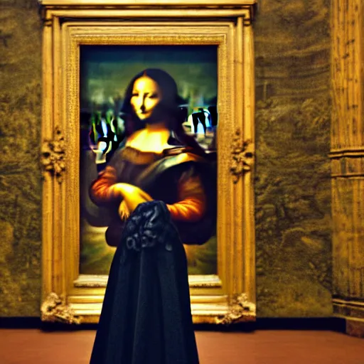 Prompt: shot from a distance, full room view, renaissance, rococo, manga, tonal, young lady, thin, dark hair, wearing flowing long babydoll - dress, flowers!, viewing the mona lisa painting inside the lourve