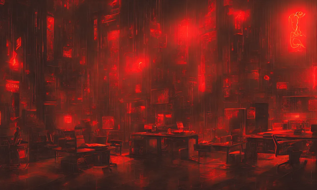 Image similar to demonic office, by asher brown durand, trending on artstation, 8 k resolution, red lights, cyberpunk, demonic symbols