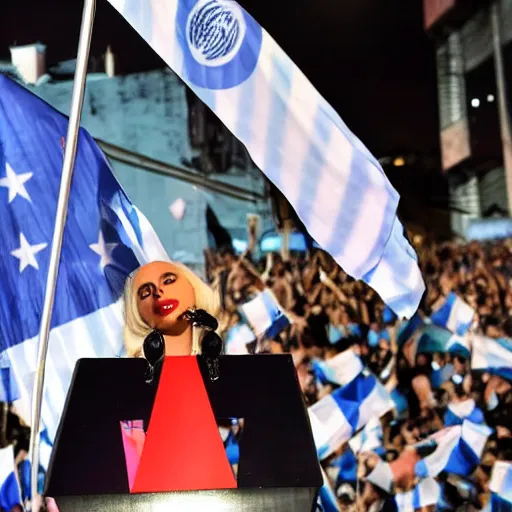 Image similar to Lady Gaga as president, Argentina presidential rally, Argentine flags behind, bokeh, giving a speech, detailed face, Argentina