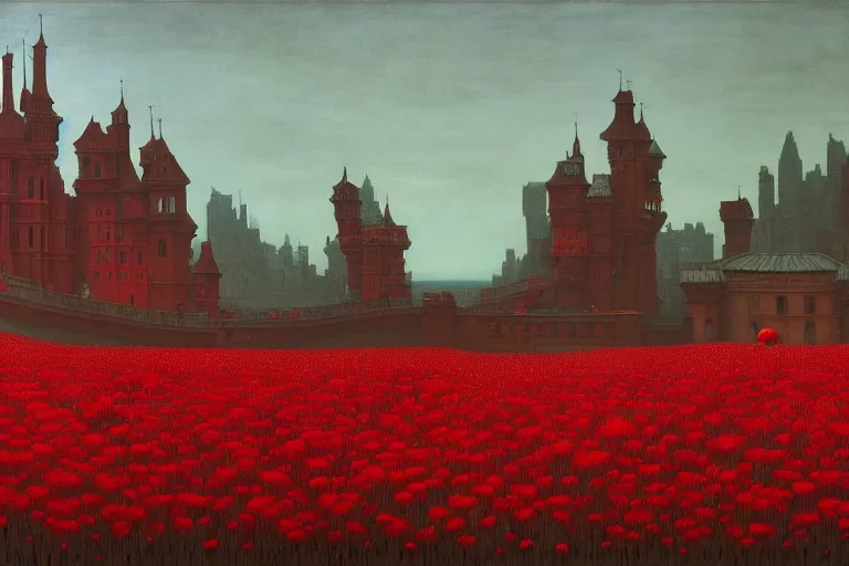 Image similar to only with red, red flowers of different types, red castle in background, red medieval big fat goblins, in the style of beksinski, parts by edward hopper, parts by rodcenko, parts by yue minjun, intricate and epic composition, red by caravaggio, insanely quality, highly detailed, masterpiece, red light, artstation, 4 k