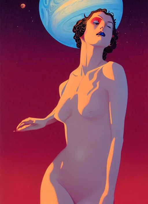 Image similar to poster artwork by michael whelan and tomer hanuka, portrait of beautiful sensual dancer in the clouds of jupiter, clean, art deco