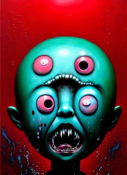 Prompt: a dramatic emotional hyperrealistic pop surrealist oil panting of a sad sobbing grotesque kawaii vocaloid figurine caricature sobbing red in the face uglycrying with tears and snot featured in dead space hill 2 by beksinski made of dripping paint splatters in the style of madballs, 😭 🤮 💕 🎀