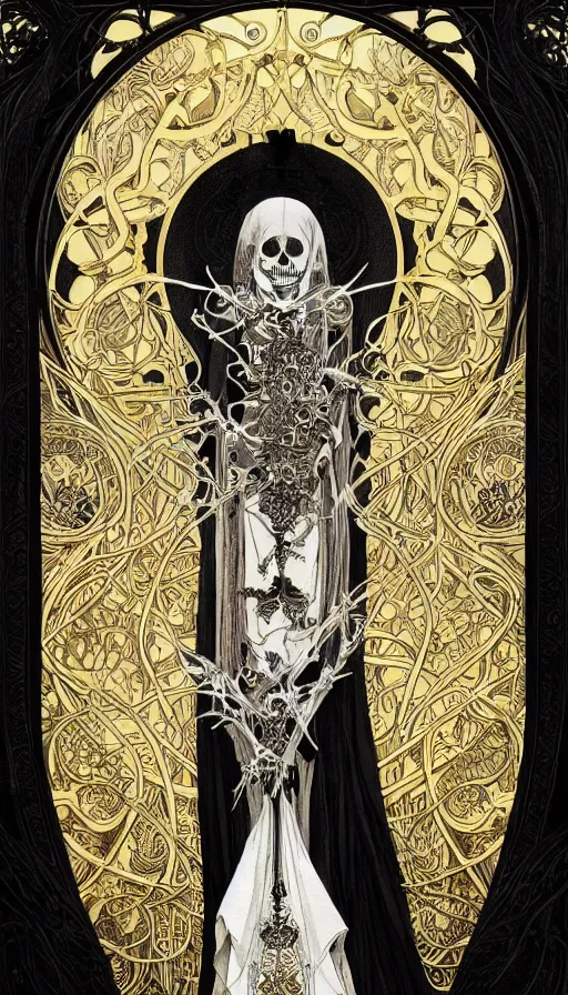 Image similar to a skeleton in a black cloak, highly detailed, very intricate, art nouveau, gold filigree, left right symmetry, tarot concept art watercolor illustration by mandy jurgens and alphonse mucha and alena aenami, featured on artstation