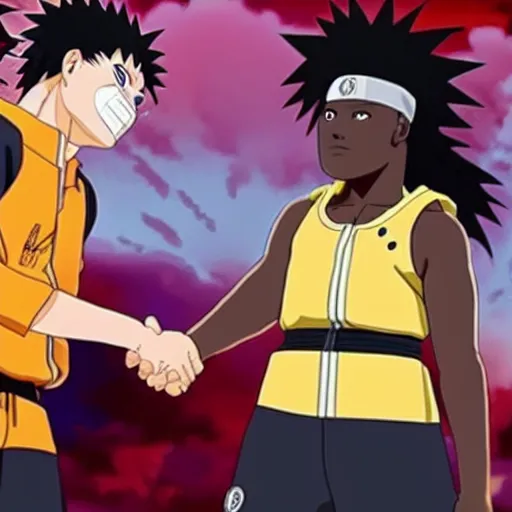 Prompt: naruto shaking hands with an obese zion williamson, anime still