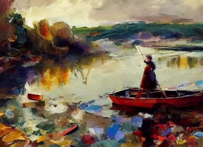 Image similar to palette knife, impasto oil painting of calm river with wooden boat, stone bridge, by hans hofmann, by frank auerbach, thick paint brush strokes, art by anders zorn, wonderful masterpiece by greg rutkowski, beautiful cinematic light, american romanticism by greg manchess, creation by tyler edlin