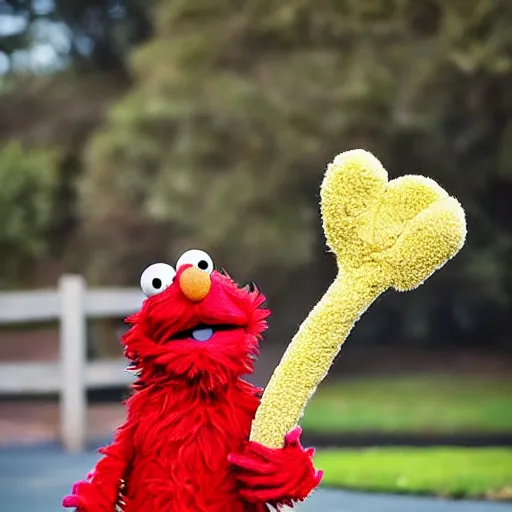 Prompt: a fluffy muppet in the shape of elmo with fluffy soft dark brown fur and with rabbit ears wearing a karate uniform out in nature, photography, photorealistic, muppet, national geohraphic