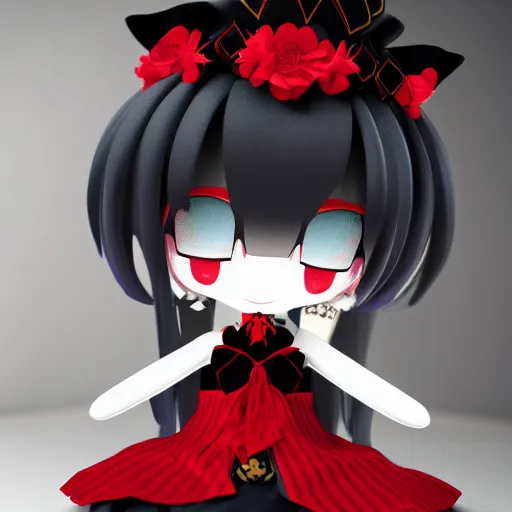 Image similar to cute fumo plush of a gothic maiden in a black and red gold lined uniform, laces and ribbons, soft shadow, anime girl, vray, symmetry