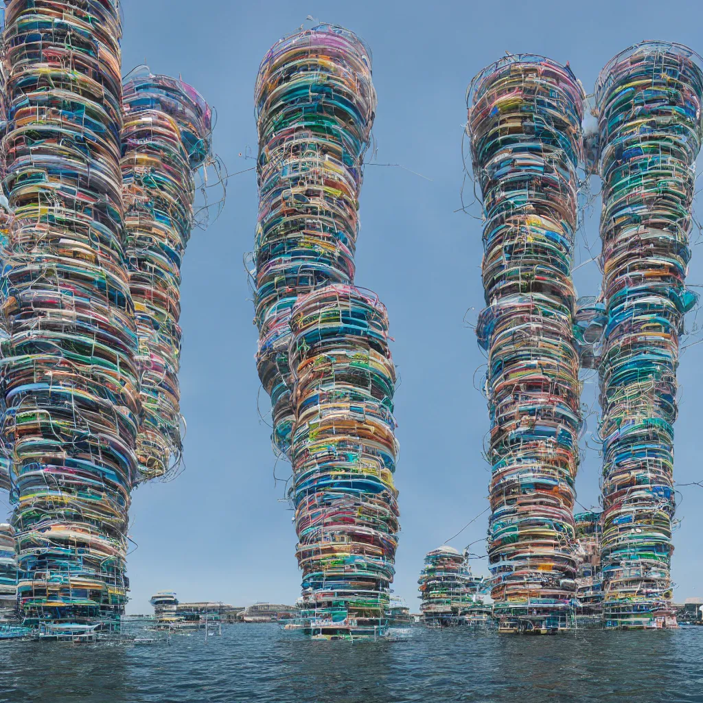 Image similar to a circular tower, made up of colourful makeshift squatter shacks suspended over water, dystopia, sony a 7 r 3, f 1 1, fully frontal view, ultra detailed, photographed by zaha hadid,