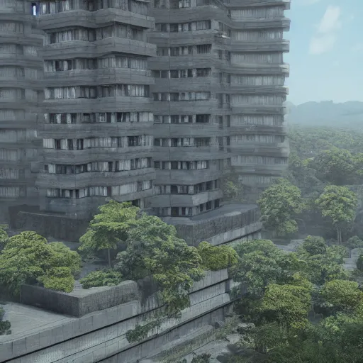 Image similar to brutalist architecture surrounded by nature, japan, unreal engine, high detail, 4 k