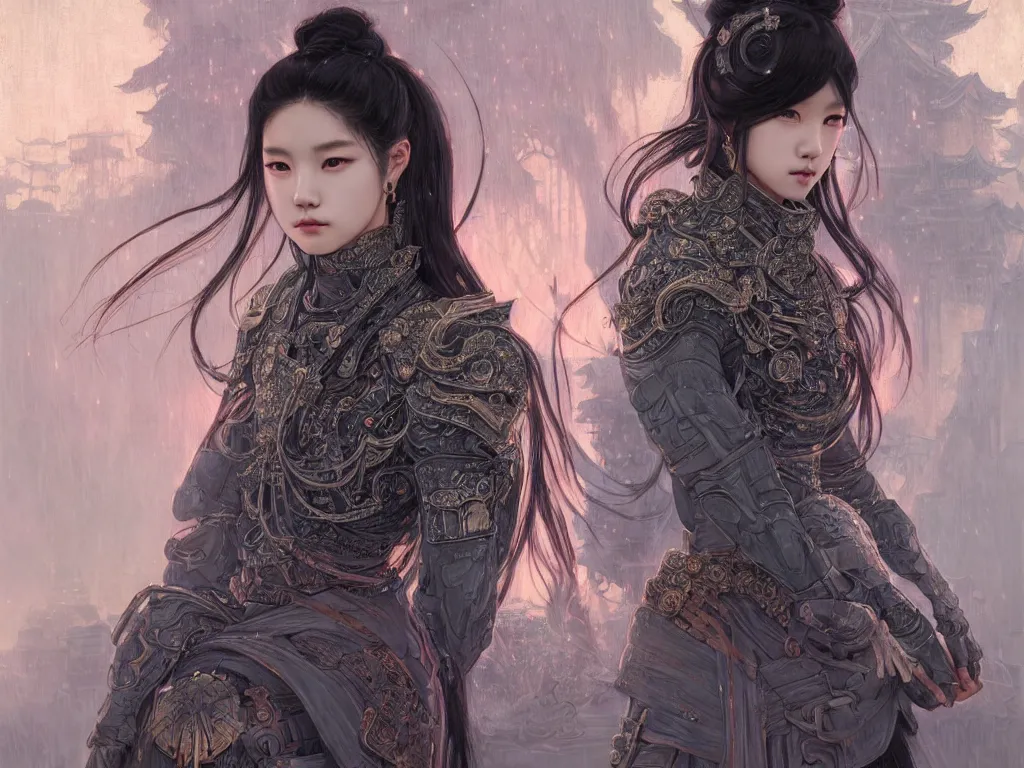 Image similar to portrait jisoo blackpink, grey hair armored samurai clothes, in fire japanese temple wet night, ssci - fi and fantasy, intricate and very very beautiful and elegant, highly detailed, digital painting, artstation, concept art, smooth and sharp focus, illustration, art by tian zi and wlop and alphonse mucha