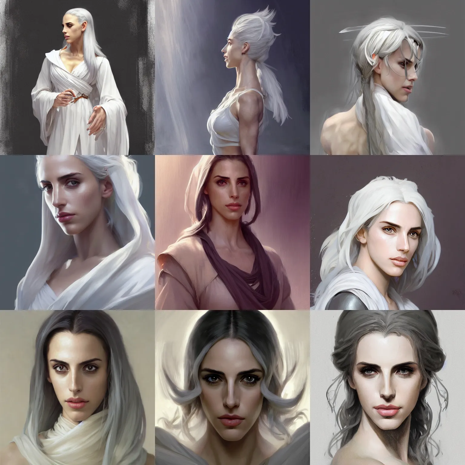 Prompt: character concept portrait, head - on centralized, jessica lowndes as a silver - haired d & d cleric in white robes, style digital painting, concept art, smooth, sharp focus, illustration, from metal gear, by ruan jia and mandy jurgens and william - adolphe bouguereau, artgerm