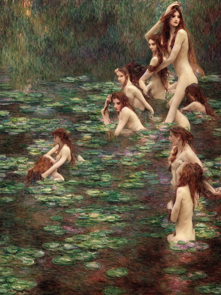 Image similar to illustration studio portrait of three dark beautiful mermaids female energy in artistic poses in the river at the forest, monet painterly motives and textures pattern, hyper detailed, octane render, vivid colors, artstation, by jeremy mann, by alphonse mucha, by monet