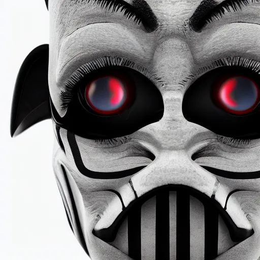 Image similar to clown darth vader hybrid, compound eyes, symmetrical front face portrait, high quality, high resolution, 4 k, octane realphoto, raytrace, intricate, hyper detailed, hard light studio lighting, dark background