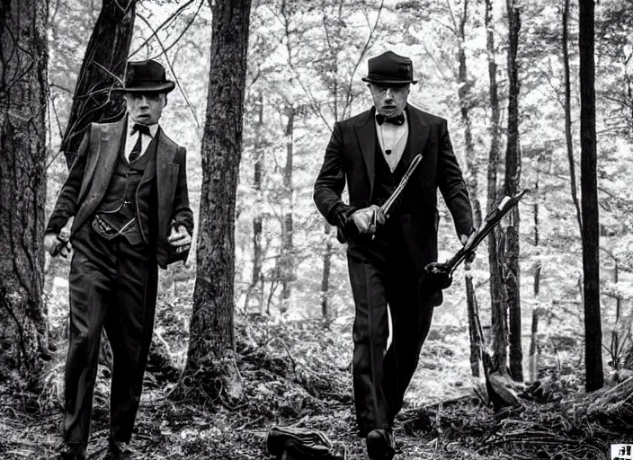 Image similar to an action scene from the movie scarface, medium long shot, costumes from peaky blinders, filmed in the dark woods, a cabin in the background, leonardo dicaprio and daniel day - lewis, sharp eyes, serious expressions, detailed and symmetric faces, black and white, cinematic, epic,