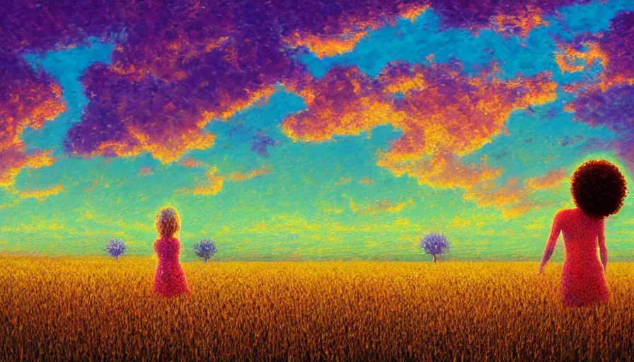 Prompt: daisy flower afro, full body, girl watching sunset, empty wheat field, surreal photography, colorful clouds, tree, impressionist painting, colorful clouds, digital painting, pointillism, artstation, simon stalenhag