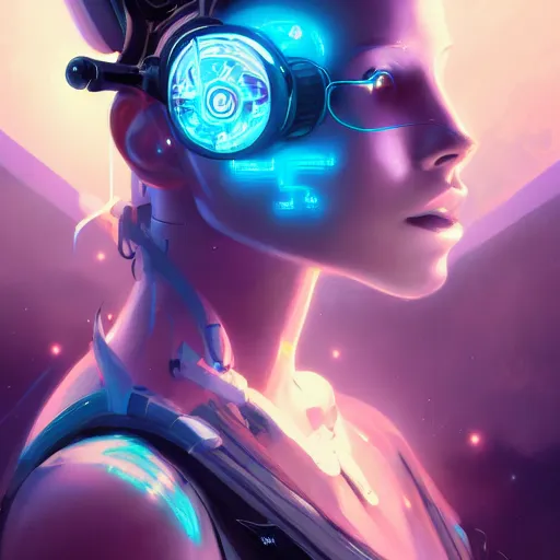 Image similar to portrait of a beautiful cybernetic raver girl wearing a occulus headset, cyberpunk concept art by pete mohrbacher and artgerm and wlop and deathburger and syd mead, digital art, highly detailed, intricate, fantasy, mystical, sharp focus, Trending on Artstation HQ, deviantart, unreal engine 5, 4K UHD image