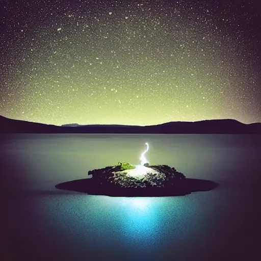 Image similar to “dark blue lake at night with tiny island being illuminated by moonlight, stars in sky”