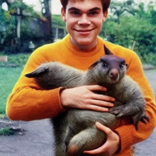 Prompt: archie andrews holding a wombat