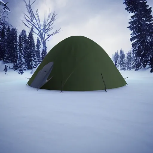 Prompt: advanced futuristic tent, camping on top of a tower, in an ice storm, hyperrealism