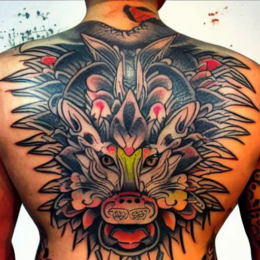 Image similar to photograph of a Japanese back tattoo, colourful ink, traditional Japanese pattern depicting a werewolf, highly-detailed, beautiful, award winning, 8k