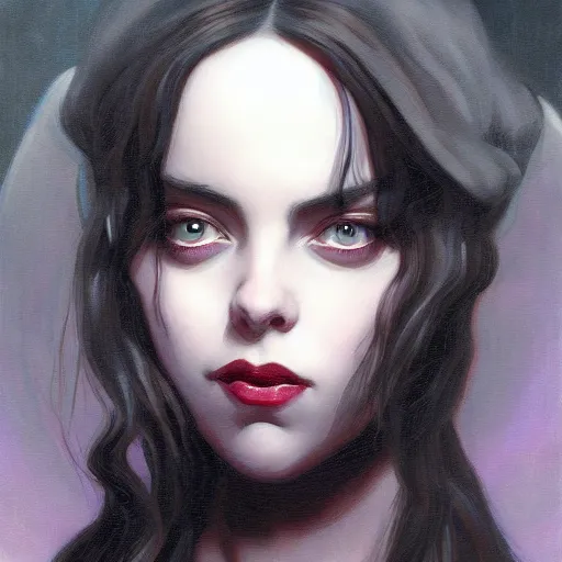 Prompt: Billie Eilish as a demon succubus, oil on canvas, noir effect, artstation, by J. C. Leyendecker and Edmund Blair Leighton and Charlie Bowater,--width 1600