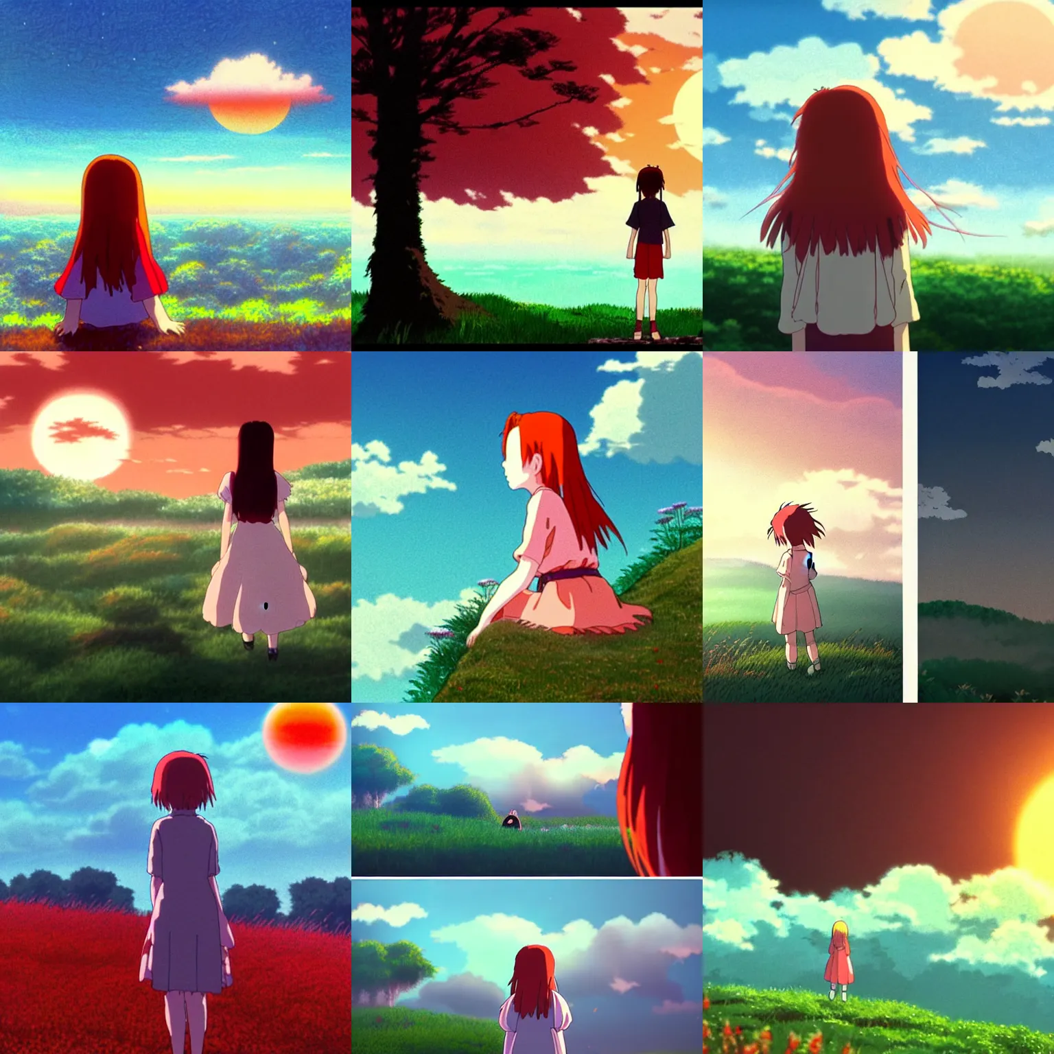 Prompt: a red haired girl watching sunrise, beautiful dusk, eerie, mist, puffy clouds, in the style of studio ghibli, intricate details, still from movie, by hayao miyazaki