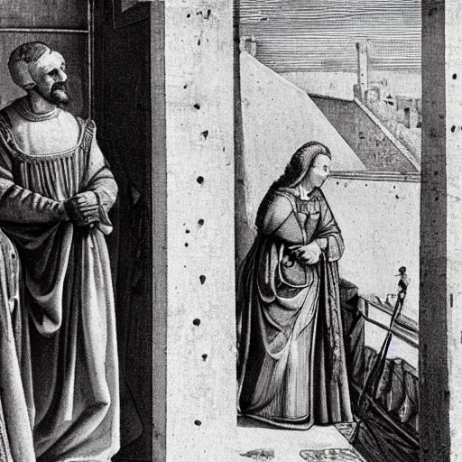 Prompt: a medieval byzantine nobleman speaks with his wife on the balcony of their seaside villa