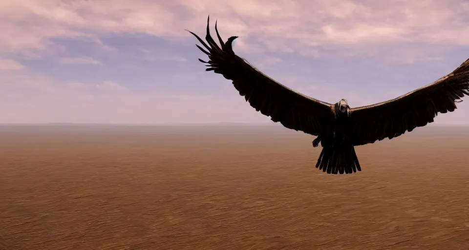 Image similar to a vulture flying over an empty desert, artstation