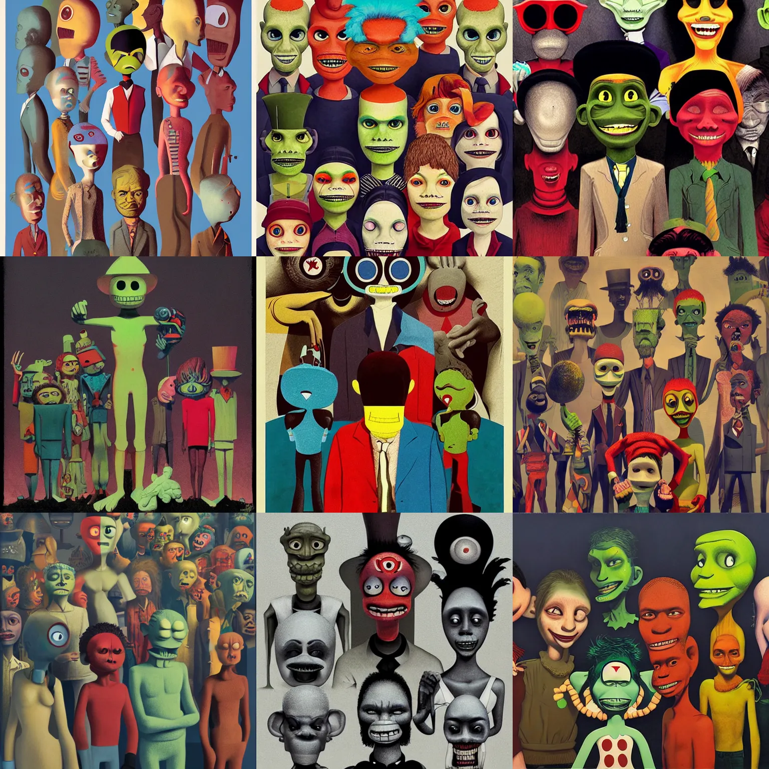 Prompt: a group of standing people with different colored faces, a surrealist painting by jamie hewlett, cgsociety, fantastic realism, grotesque, apocalypse art, official art