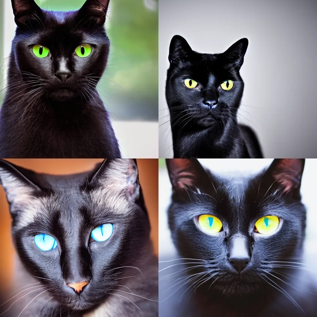 Prompt: realistic photo of a black cat with blue eyes