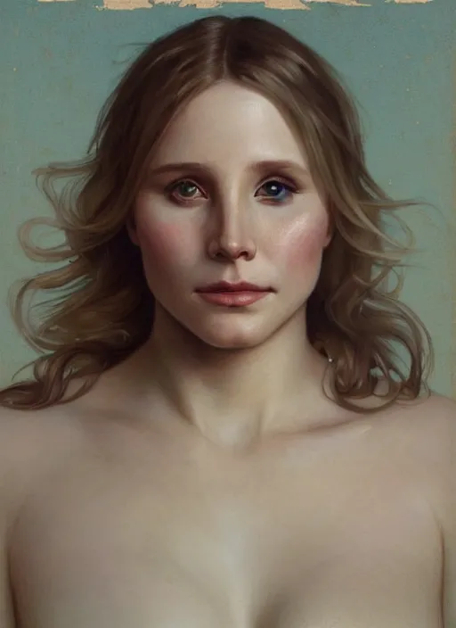 Image similar to beautiful portrait of thick chonky kristen bell, soft features, by magali villeneuve and greg rutkowski and artgerm and alphonse mucha and jeremy lipkin and rob hay, intricate, elegant, highly detailed, photorealistic, trending on artstation, trending on cgsociety, 8 k, sharp focus