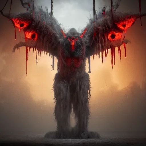 Prompt: a large gray demonic looking creature with big yellow eyes : : 2 massive and tall red thornes : : 2 very detailed illustration, very realistic render, very detailed render, rendered in octane,