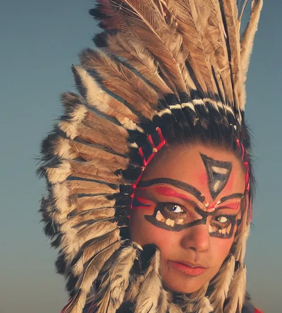 Prompt: A high-quality photorealistic face-centered portrait of a beautiful young native american navajo woman wearing face paint at sunset, by Steve McCurry and Brian Ingram and Annie Leibovitz, trending on flickr, trending on deviantArt