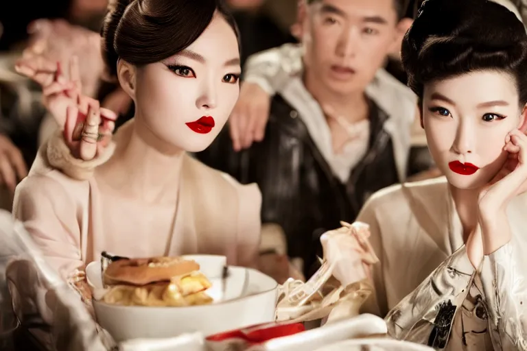 Image similar to movie interior closeup beautiful Chinese fashion model team closeup joking at 50s diner, night in the city, beautiful skin, by Emmanuel Lubezki