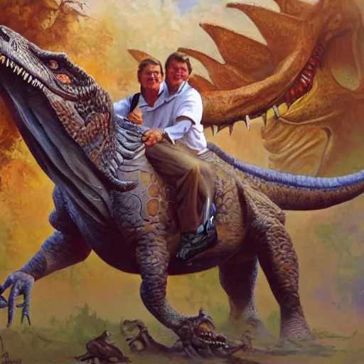 Image similar to coach steve spurrier riding a dinosaur intricate, hyper detailed, realistic, oil painting, by julie bell, frank frazetta, cinematic lighting