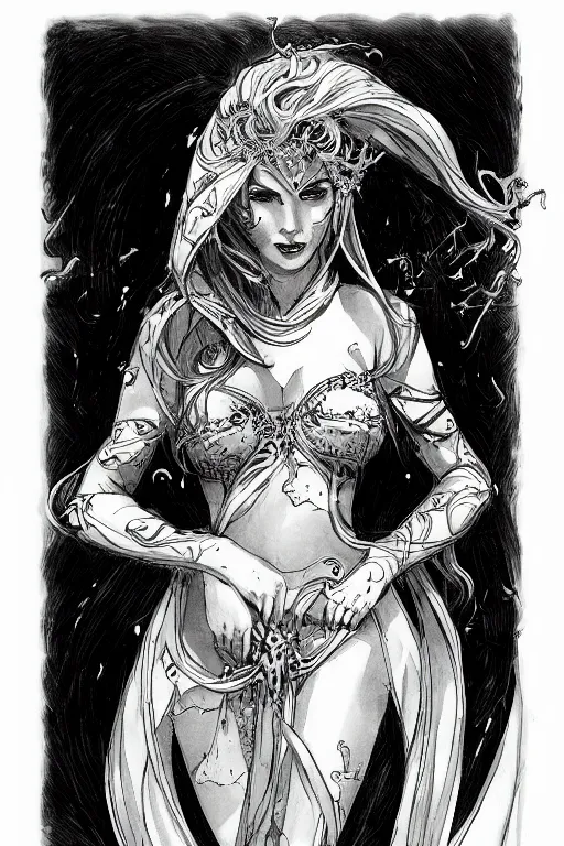 Prompt: beautiful woman, fantasy ink drawing by andrew mar