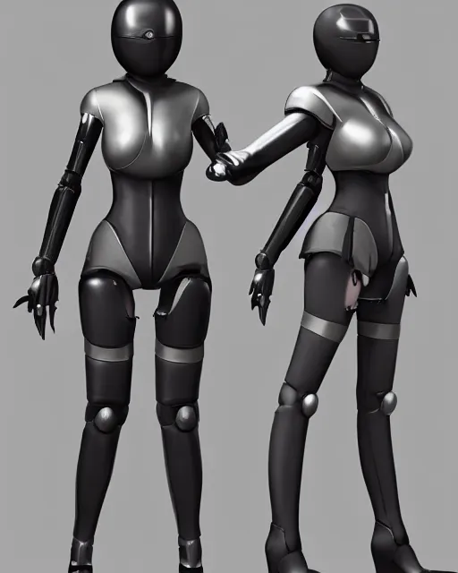 Prompt: CAD render of a realistic android bodyguard modeled after 2B from Nier Automata and with slender feminine body type, solidworks, catia, autodesk inventor, unreal engine, gynoid cad design inspired by Masamune Shirow and Nier Automata and Ross Tran, product showcase, octane render 8k