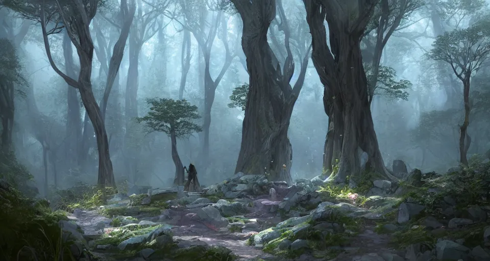 Prompt: Beautiful uplifting glade bg. Elven stone monuments along the pathway. Mysterious stone monuments. J.R.R. Tolkien's Middle-Earth. Trending on Artstation. Digital illustration. Artwork by Darek Zabrocki and Sylvain Sarrailh. Concept art, Concept Design, Illustration, Marketing Illustration, 3ds Max, Blender, Keyshot, Unreal Engine, ZBrush, 3DCoat, World Machine, SpeedTree, 3D Modelling, Digital Painting, Matte Painting, Character Design, Environment Design, Game Design, After Effects, Maya, Photoshop.