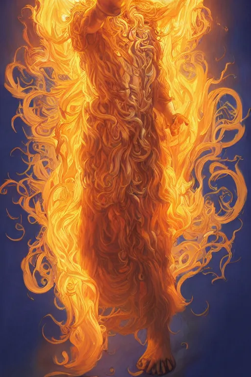 Image similar to Lucius as a demigod of scintillating radiance, long fluffy blond curly hair, wreathed in magnificent flames, oil on canvas, golden hour, artstation, by J. C. Leyendecker and Peter Paul Rubens