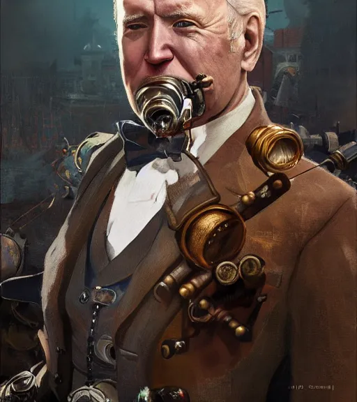 Image similar to portrait of steampunk joe biden cosplaying, by wlop, by simon stalengrad, by ilya repin, bioshock screenshot, photorealistic fan art, detailed shading, intricate abstract, steampunk impressionism