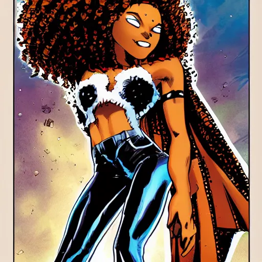 Prompt: comic book hero black girl with Afro, tall and slim figure, brown skinned brown eyes full lips,comic book style, Stan lee,