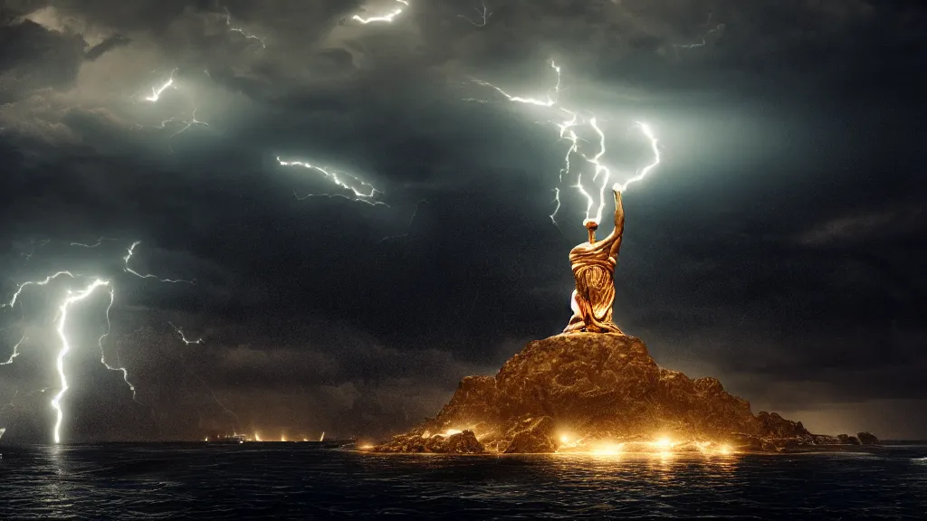 Prompt: the colossus of rhodes breaking apart during a thunderstorm, behance, 8k featured in artstation, octane render, cinematic, elegant