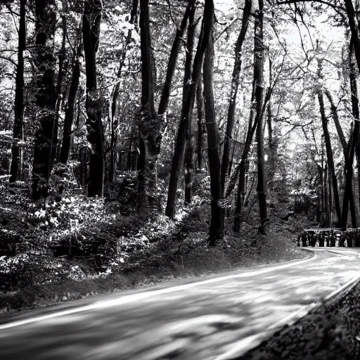 Image similar to indycar driving in the woods, black and white photo